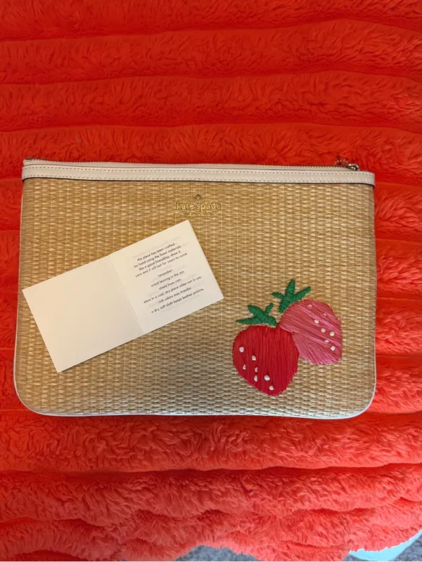 Kate Spade HAND MADE Straw Woven Pouch with Strawberry Embroidery. - Image 4