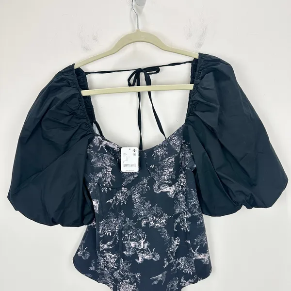 Free People Prarie Rose Puff Sleeve Bodysuit Black Coquette Romantic Large NWT - Image 7