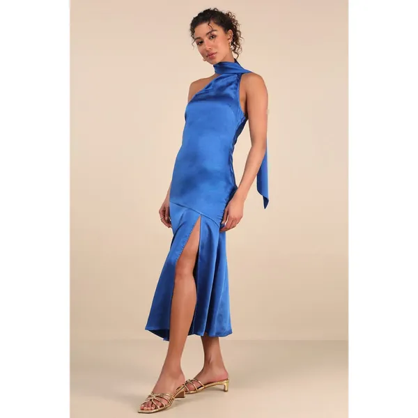 Lulus Reglan Blue Satin One-Shoulder Sash Midi Dress Bridesmaid Wedding Small - Image 7