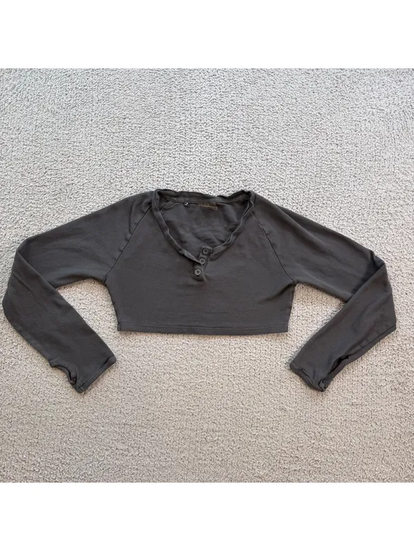 Gymshark Shark Fitness Cropped Long Sleeve Henley Top Gray Women's Small Y2K - Image 2