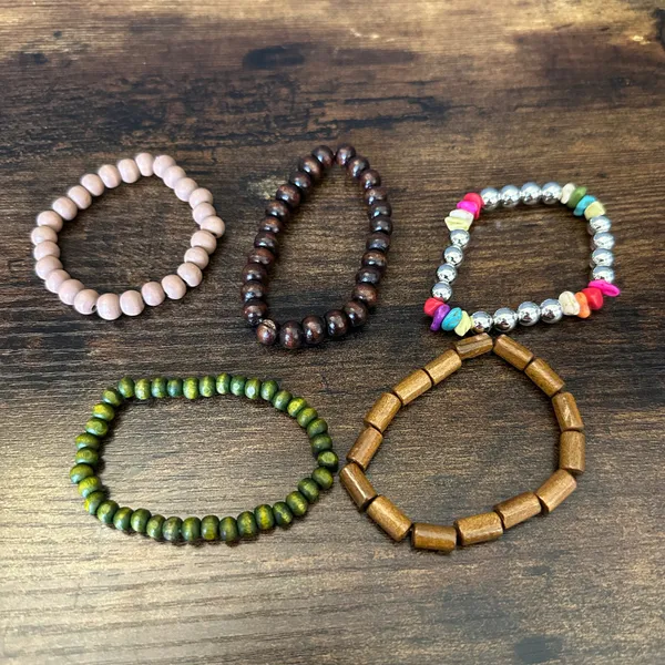 Layered Beaded Bracelet Set - Green, Brown, Pink Accents - Image 3