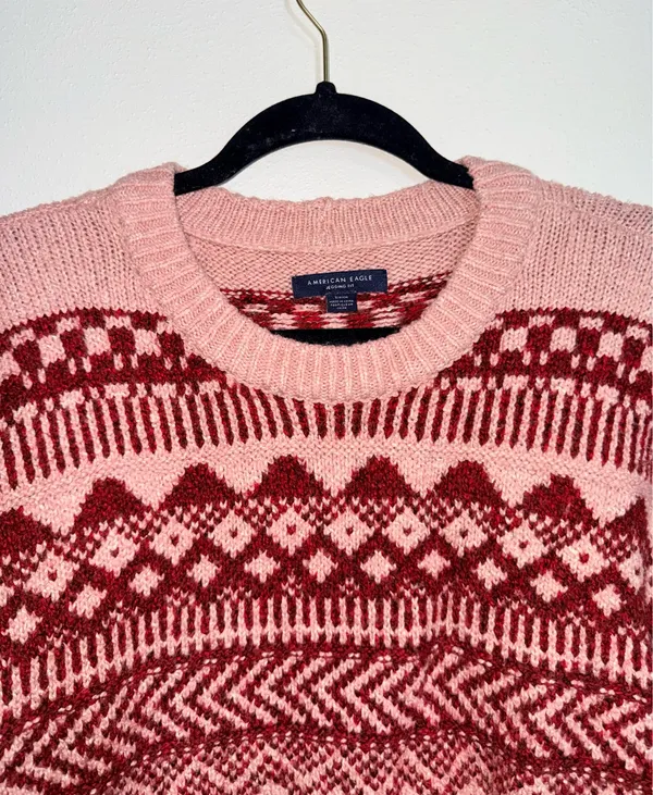 American Eagle Jegging Fit Sweater Pink Red Fair Isle Oversized - Image 2