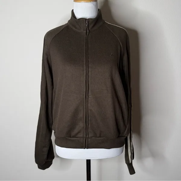 Halara Brown Ribbed Stand Collar Zip Track Jacket with Taupe Stripes NWOT M - Image 3