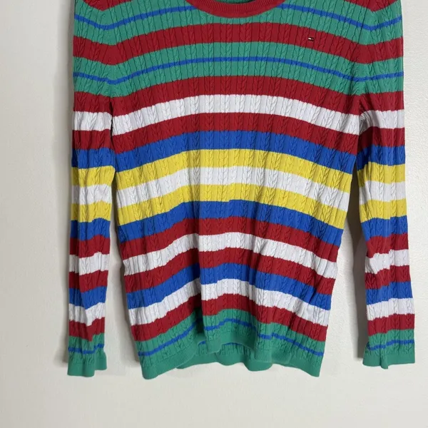 Tommy Hilfiger Sweater Womens Large Multicolor Striped Cable Knit Pullover Crew - Image 4