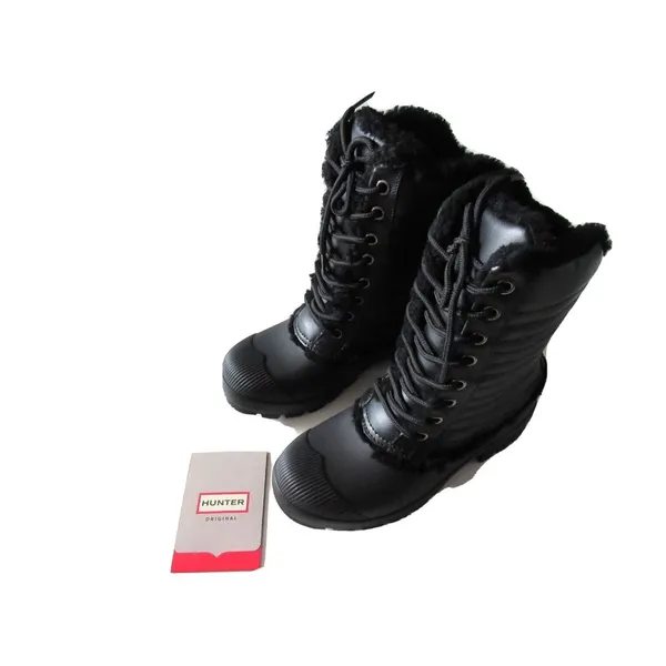 NIB HUNTER Original Shearling Lined Pac in Black Lace-up Rain Boots US 6 $235 - Image 2