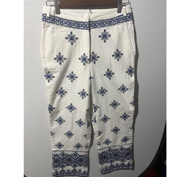 Mango White Blue Geometric Embroidered Wide Leg Cropped Pants Size‎ 4 NWT - Image 2