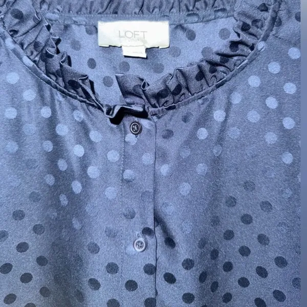 LOFT Navy Blue Ruffled Collar Polka Dot Button Down w/ Gathered Long Sleeves - Image 3