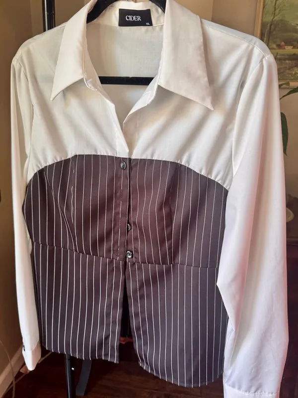 Cider Two-Tone White and‎ Black Pinstripe Bustier Blouse - Image 4