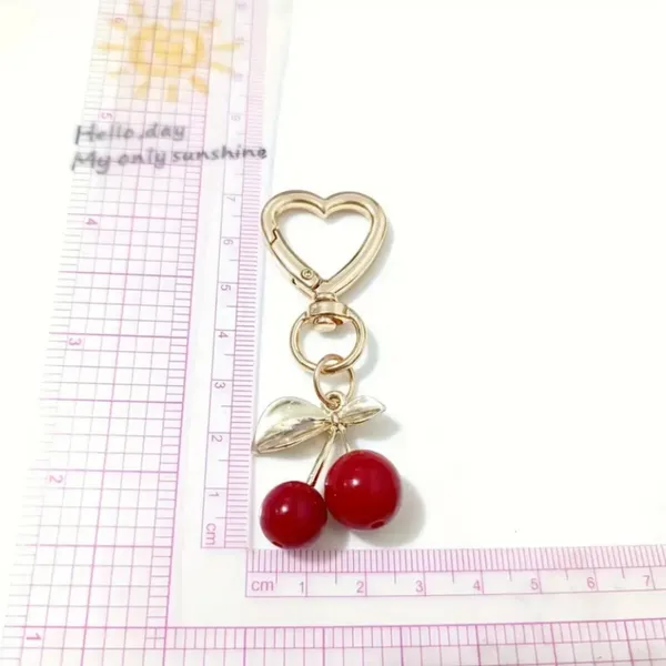 Gold Heart Keychain with Red Cherry Charm‎ - Image 3