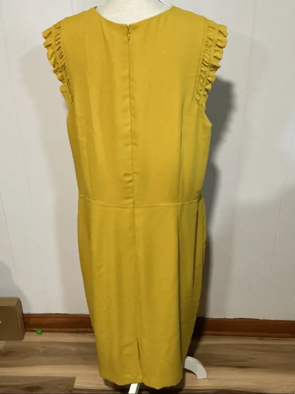 Ann Taylor Mustard Yellow V-Neck Midi Dress with Ruffle Cap Sleeves - Image 3