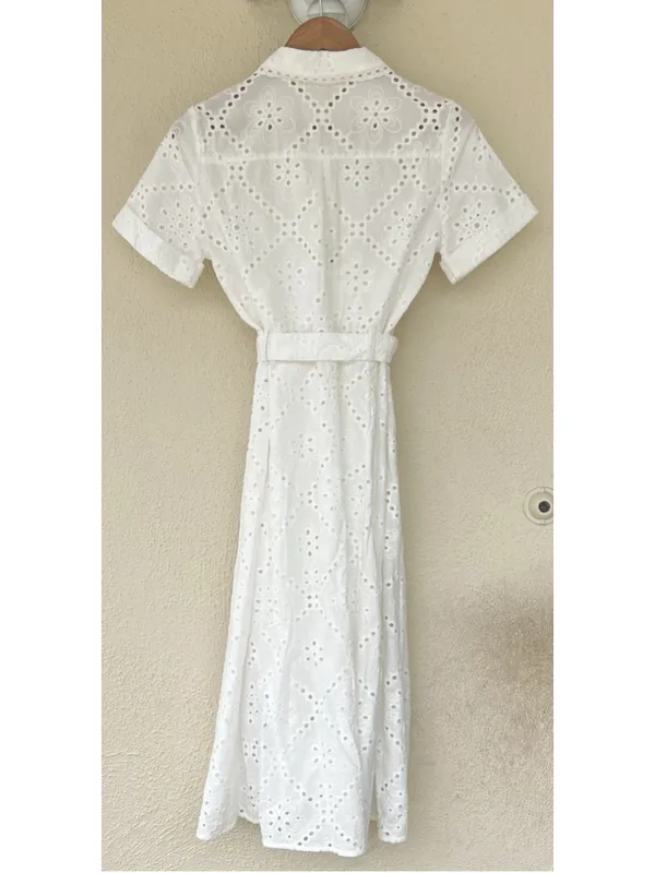 Sezane Adele Short Sleeve Embroidered Midi Dress Eyelet Collar Ecru FR 36 US 4 - Image 9