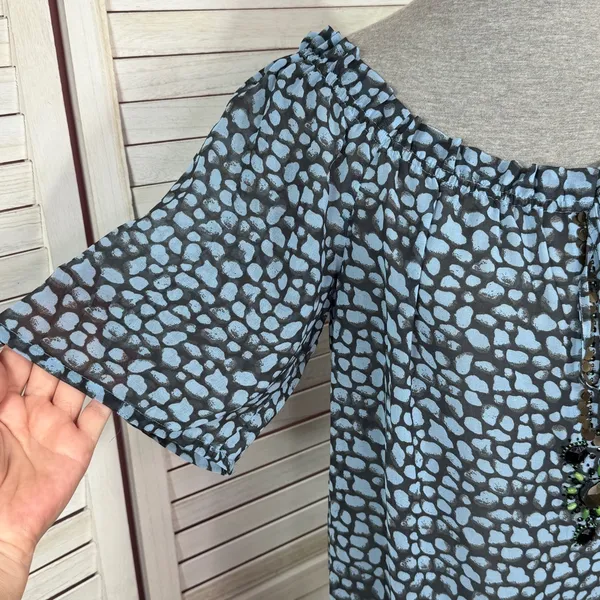Moda International Printed Beaded Sheer‎ Peasant Blouse Blue Black Medium - Image 5