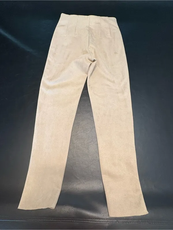 Zara Faux Suede High-Waist Leggings in Light Beige with Zip bottoms size Medium - Image 5