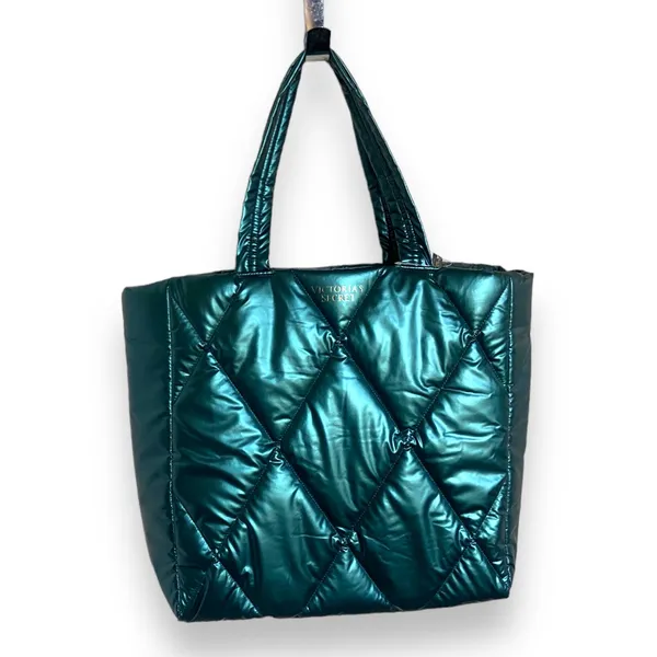 Victoria's‎ Secret Puffer Tote Metallic Teal Green Quilted Bag Blue Green NEW - Image 4