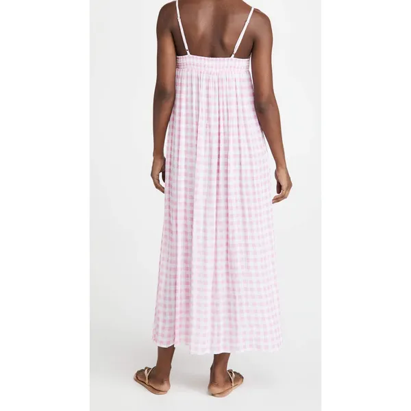 Playa Lucila Pink Check Gingham Empire Slit Maxi Slip Dress Picnic Preppy XS - Image 2