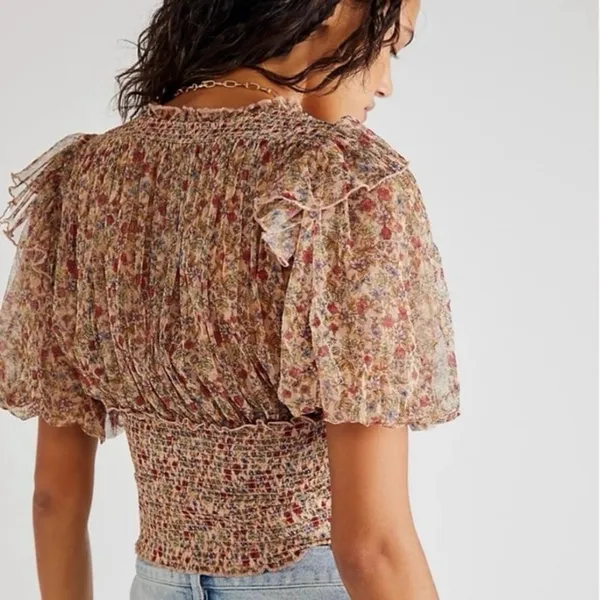Free People Beatrice Floral Print Brown Lace Up Puff Sleeve Blouse Top Size S - Image 6