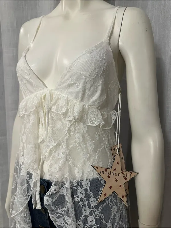 Madden Girl White Lace Ruffle Tie-Front Maxi Top Duster Small Boho Coquette - Image 3