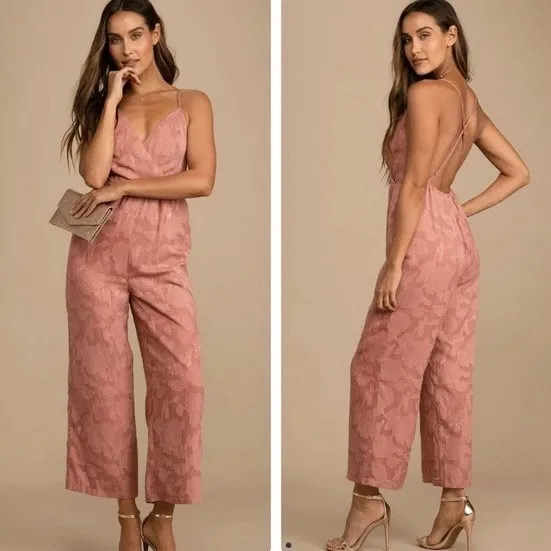 Lulus‎ Days of Beauty Rusty Rose Burnout Floral Surplice Jumpsuit Sz Small Party - Image 2