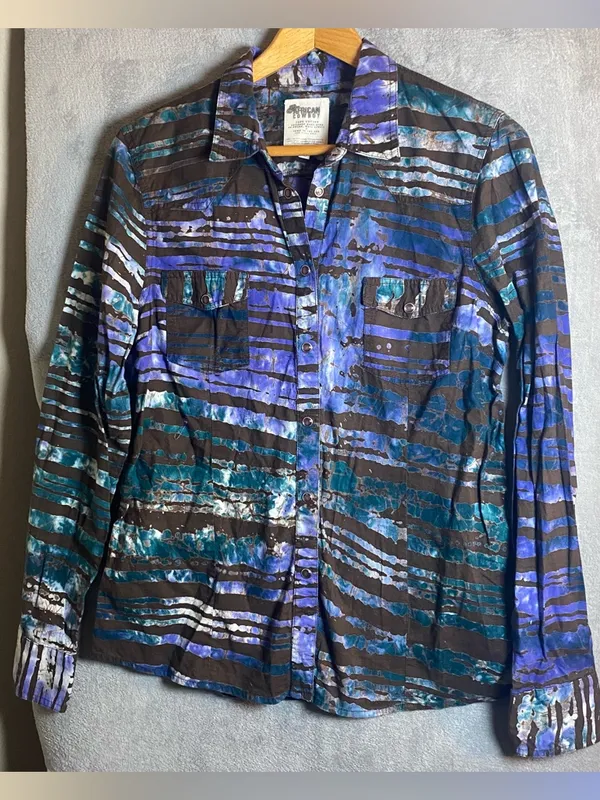 African Cowboy Vintage Abstract Striped Button-Up Shirt‎ Western cowboy size 12 - Image 2