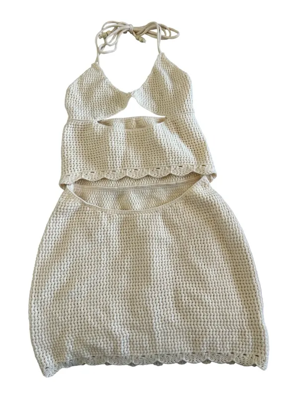 Cream Crochet Halter Cutout Bodycon Mini Dress - Size Small - Image 2
