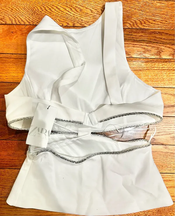 ZARA NWT viral TIK TOK White Jeweled Rhinestone Embellished Cutout Top XL - Image 9