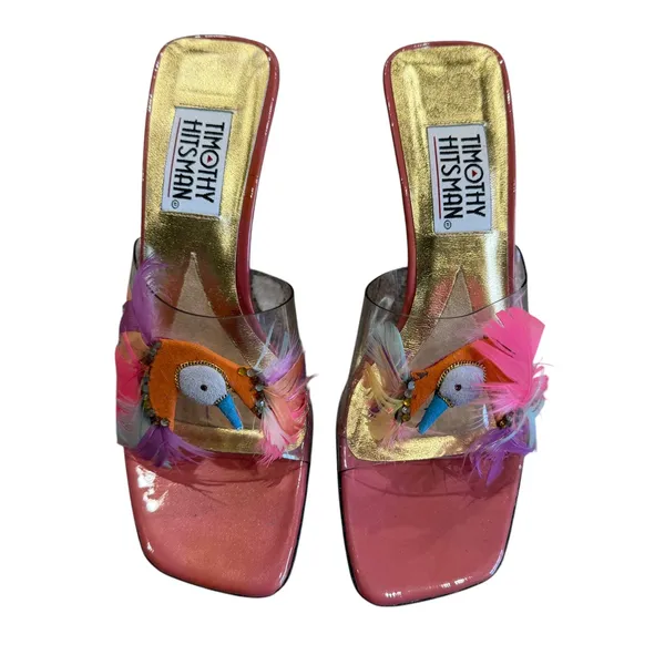 Timothy Hitsman Pink Feather Bird Heels Size 6M Clear Strap Sculptural Y2K Mules - Image 11
