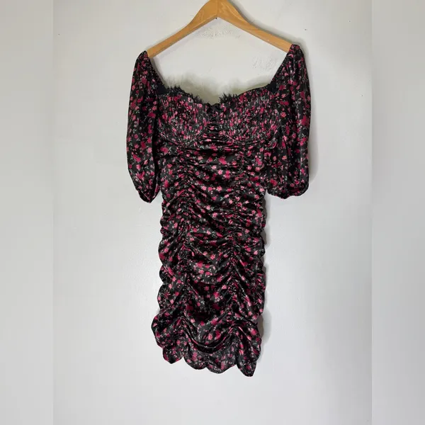 For Love & Lemons Melrose Ruched Puff Sleeve Mini Dress‎ Satin Multicolor Size M - Image 3