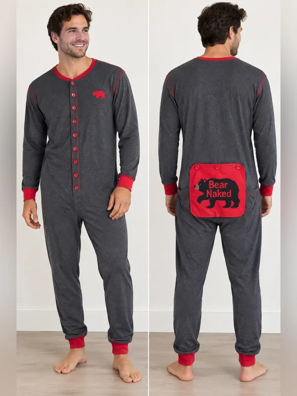Little Blue House Bear Naked Adult XL Union Suit Pajamas One Piece Gray Red - Image 2