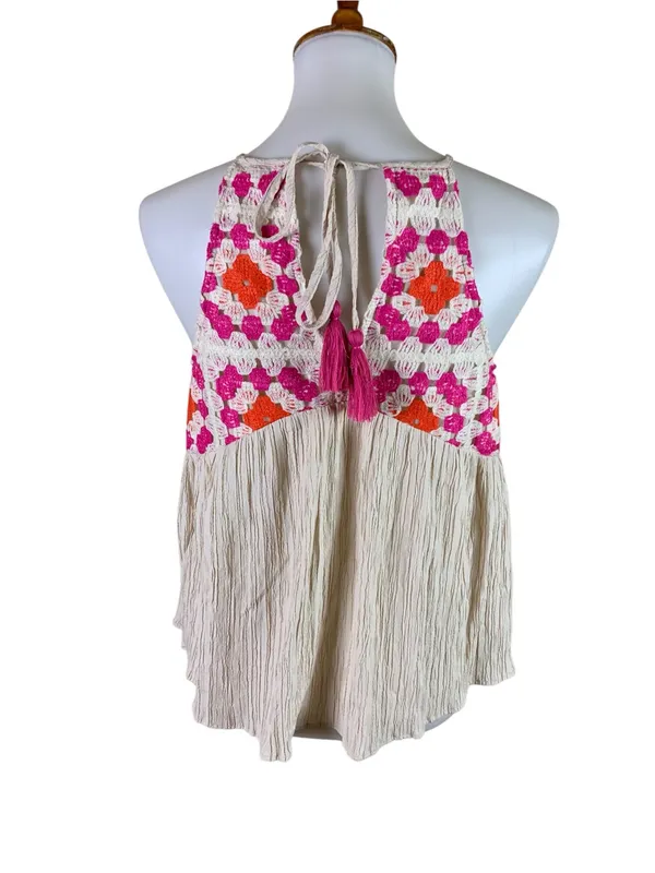 THML S Cream Crochet Floral Yoke Sleeveless Babydoll Boho Tunic Top - Image 3