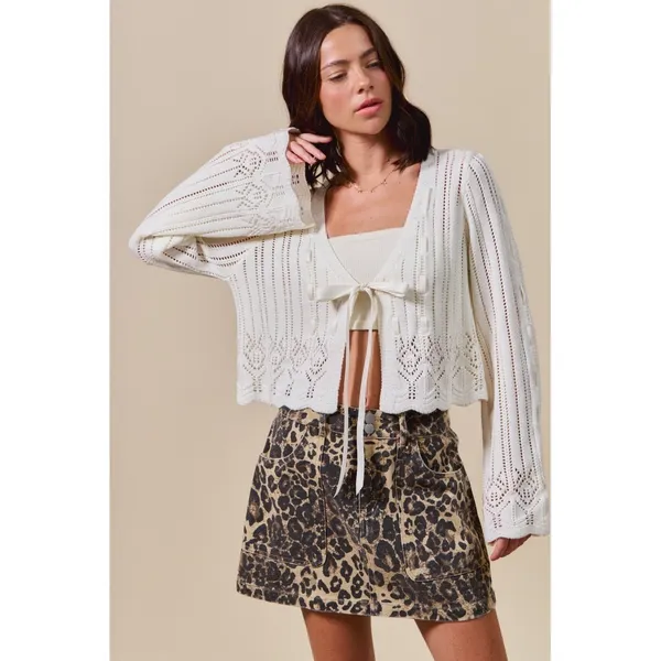 SO ME Textured Sweater Open Front Ribbon Tie Cardigan - Off White - XL‎ - Image 2