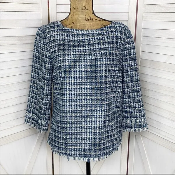 Ann Taylor Tweed Fringe Trim Boatneck Top Shirt‎ Blue White 8 Preppy Nautical - Image 2