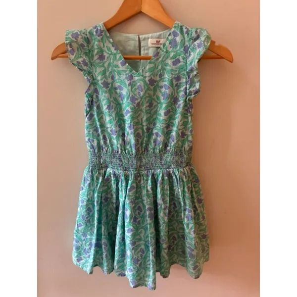 Vineyard Vines Girls Medium Floral Dress Mint Purple Smocked Waist Lined - Image 3
