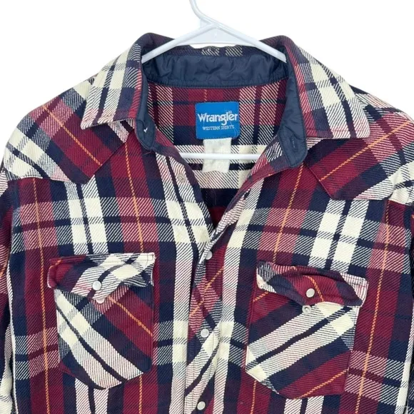 Wrangler‎ Western Mens Plaid Long Sleeve Shacket Snap Front Burgundy Blue Cream - Image 2