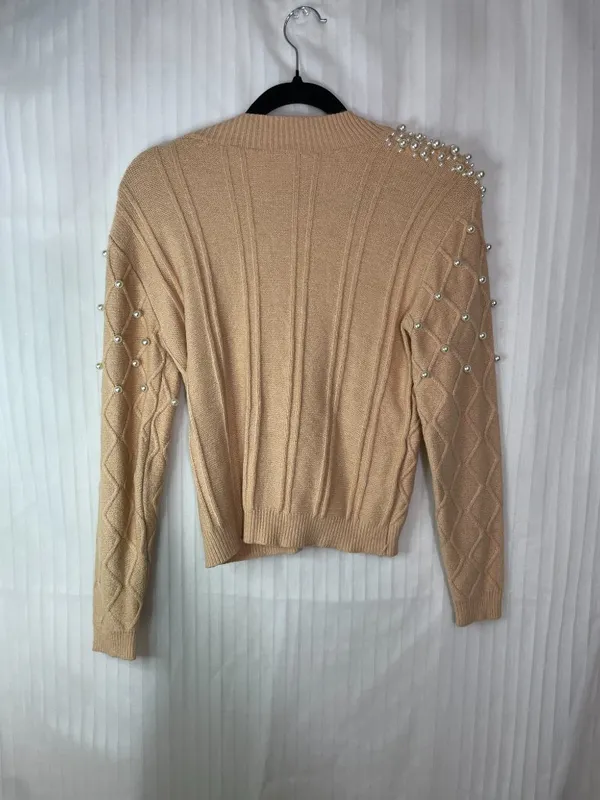 Women's Pearl Embellished Knit Sweater Beige Mock Neck Long Sleeve S/M - Image 3