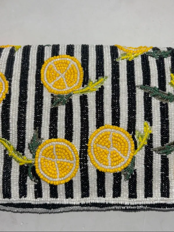Black And White Stripe Beaded Bag With Lemon Design Double Snap Closure Nwts - Image 6