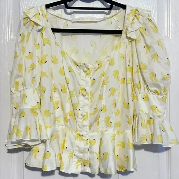 ANNA MASON Rosi Blouse White & Yellow Banana Ruffle‎ Button Down Medium - Image 6