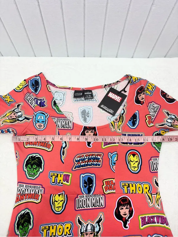 Marvel Avengers Coral Graphic Superhero Scoop Neck Dress Size L Comic Print - Image 7