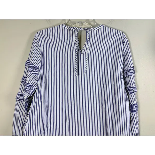 J.Crew Ruffle Stripe Blouse Womens 10 Blue‎ White Excellent Cotton Keyhole Tie - Image 7