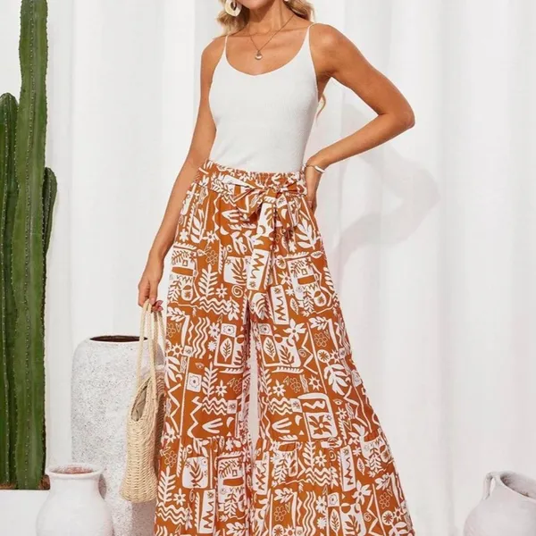 Orange White Abstract Print Wide Leg Tie Waist Ruffle Hem Pants Summer Holiday - Image 5