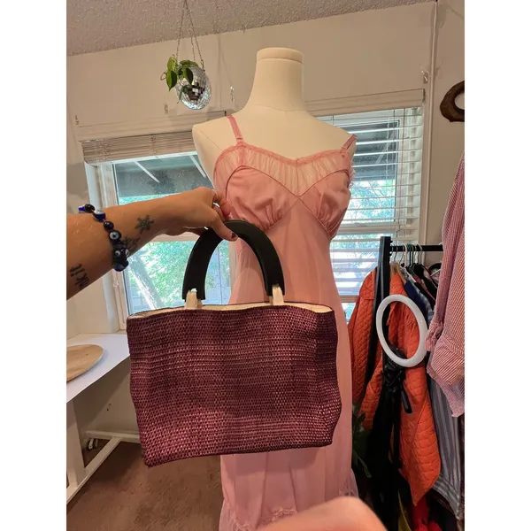Purple Sisal Natural Fiber Wooden Handle Medium Top Handle Top Bag NEW - Image 7