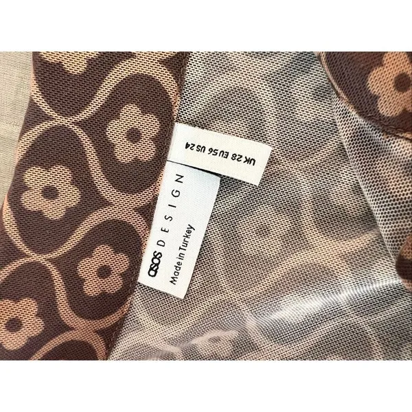 ASOS Design Brown Geometric Floral Print Semi Sheer Long Sleeve Blouse Size 24 - Image 8