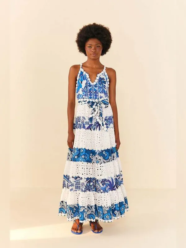 Farm Rio 100% cotton white blue tired maxi dress size xl - Image 2
