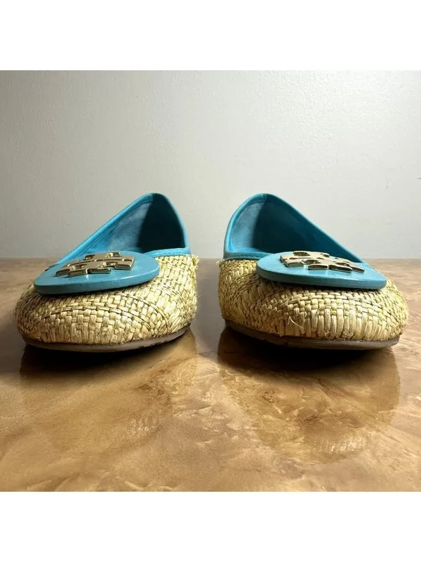 Tory Burch Reva Raffia Ballet Flats Blue Leather Trim Gold Logo Size 7M - Image 3