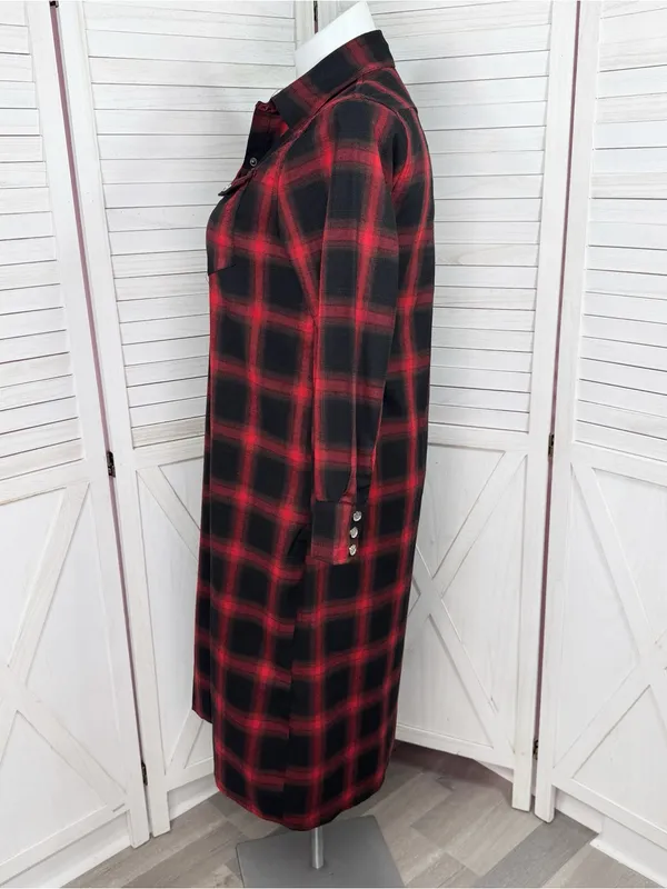 L&S‎ Plaid Snap Front Midi Duster Shirt Dress Shacket Red Black XL Western Boho - Image 2