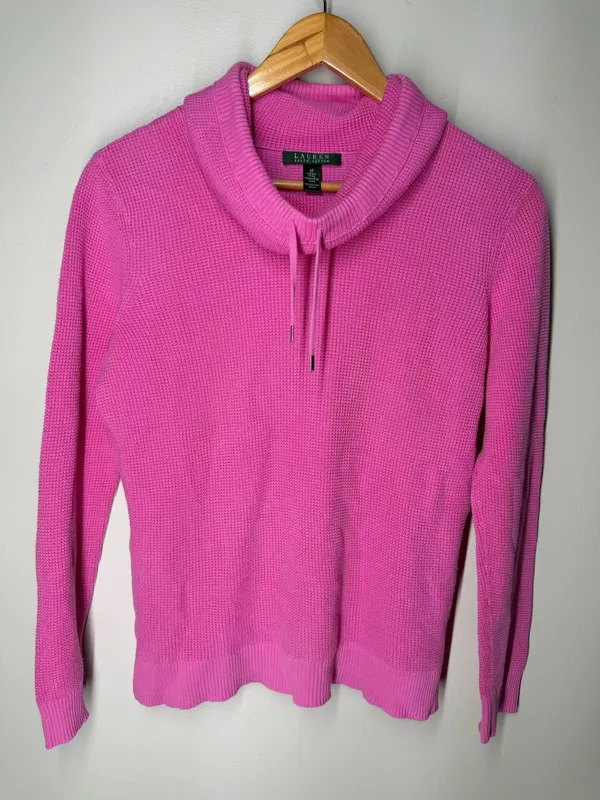 Lauren Ralph Lauren‎ Cotton Waffle Knit Cowl Neck Pullover Sweater Preppy Pink - Image 2