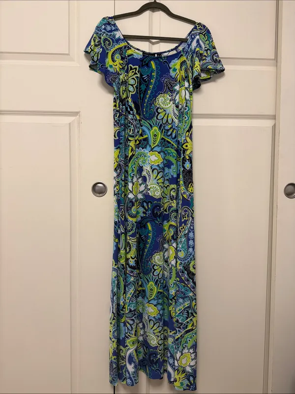 Attitudes by Renee Blue & Green Paisley Off-Shoulder Maxi - Image 2