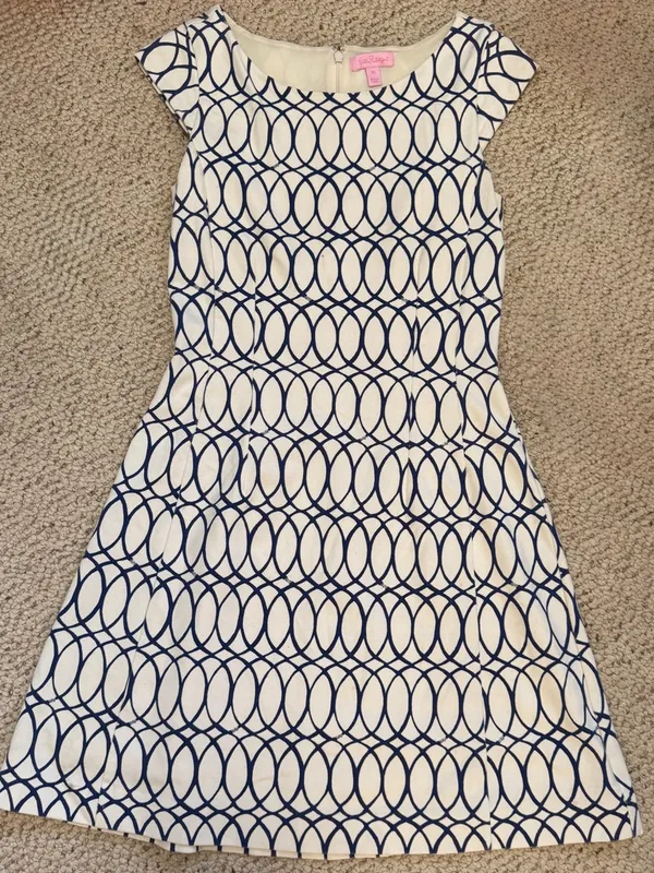Lilly Pulitzer Briella Dress XS Fit & Flare Cream Blue Preppy Coastal - Image 2