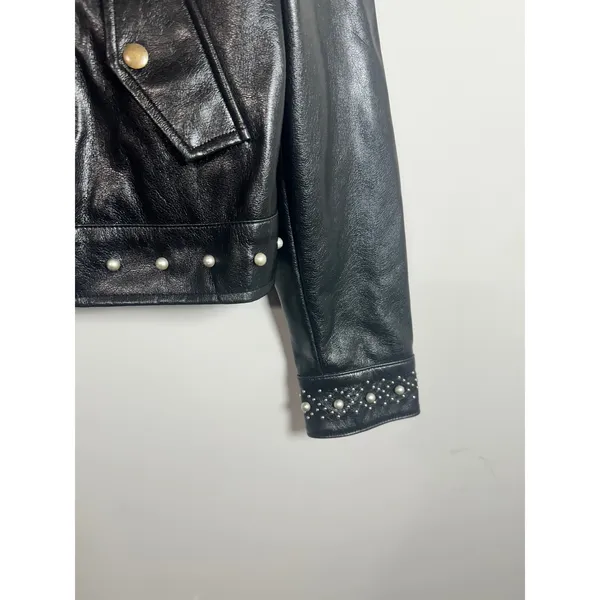Twinset Milano Black‎ Genuine Leather Pearl Studded Biker Moto Jacket Womens S - Image 3