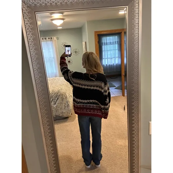 Vintage Red, White, and Blue Striped Snowflake Grandpa Sweater - Image 3