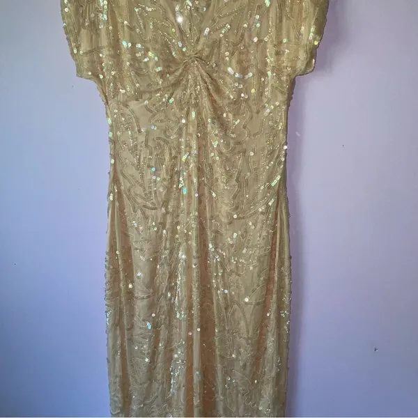 Vintage Size M Pastel Peach Silk Sequin Ball Gown Formal Dress Modest Hoco Prom - Image 3